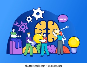 Artificial intelligence, brainstorming concept. Group of people stand near big brain, idea light bulb. Poster for social media, web page, banner, presentation. Flat design vector illustration