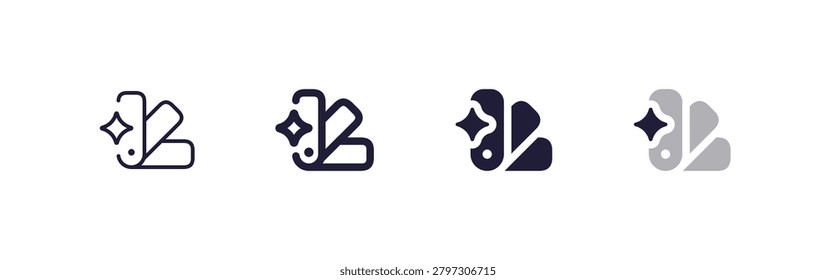 Artificial Intelligence Branding Tools Icons Pack. Vector Set with 4 States: Thin Line, Outline, Solid Glyph and Duo Color Fan Swatch. 48x48 Pixel Perfect Neural Network Artwork Style badges