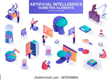 Conjunto de inteligencia artificial de elementos isométricos. Cerebro electrónico, ciborg, aprendizaje profundo, tecnología futurista, íconos robots aislados. Kit de ilustración vectorial isométrica con caracteres de personas.