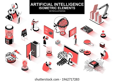 Artificial intelligence bundle of isometric elements. Electronic brain, cyborg, deep learning, futuristic technology, robot isolated icons. Isometric vector illustration kit with people characters.