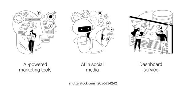 Artificial intelligence for business abstract concept vector illustration set. AI-powered marketing tool, AI in social media, dashboard service, machine learning, target advertising abstract metaphor.