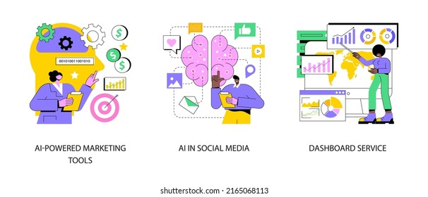 Artificial intelligence for business abstract concept vector illustration set. AI-powered marketing tool, AI in social media, dashboard service, machine learning, target advertising abstract metaphor.