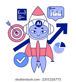 Artificial intelligence in business. AI-powered production, management and marketing. Self-learning computing system processing data for company development and profit growth. Flat vector illustration