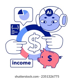 Artificial intelligence in business. AI-powered production, management and marketing. Self-learning computing system processing data for company development and profit growth. Flat vector illustration
