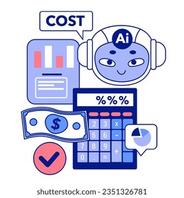 Artificial intelligence in business. AI-powered production, management and marketing. Self-learning computing system processing data for company development and profit growth. Flat vector illustration