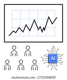 Inteligencia artificial, análisis de negocio, colaboración en equipo, crecimiento tecnológico, transformación digital, productividad. Gráfico de crecimiento, iconos de personas y símbolo de IA. Herramientas y negocios impulsados por IA