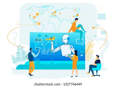 Artificial Intelligence in Business Analytics. People Character near Screen with Infographics. Futuristic Robotic Marketing Consolidation. Financial Management Strategy Graph. Vector Map.