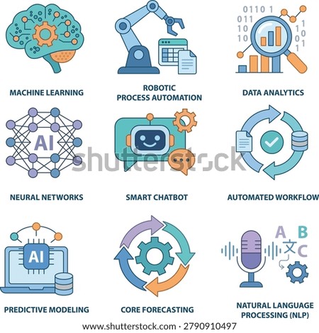 Artificial Intelligence and Business Automation Icon Set. Infographic Elements Representing Machine Learning, Robotic Process Automation, Data Analytics, Chatbots, and Neural Networks