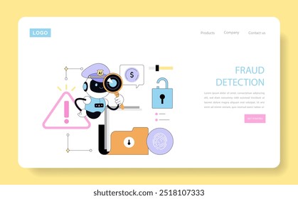 Artificial Intelligence in Business concept. Illustration of an AI robot detective analyzing fraud, highlighting financial security. Vector illustration.