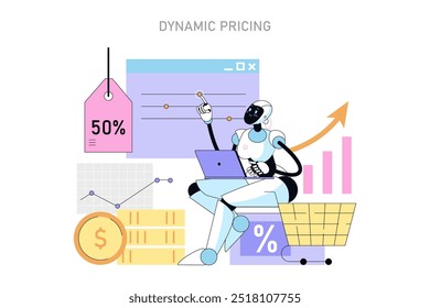 Inteligência artificial no conceito de negócios. Robô usando laptop para ajustar a estratégia de preços dinâmicos com gráficos. Implementação de IA para preços competitivos. Ilustração vetorial.