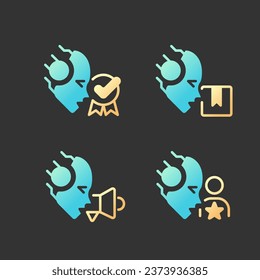 Artificial intelligence in business gradient glyph icons set with lineart for dark theme. Company development. Isolated color vector illustrations for night mode. Solid linear pictograms pack