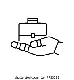 Artificial intelligence for business icon. Briefcase in robot's hand sign. Line style, editable stroke