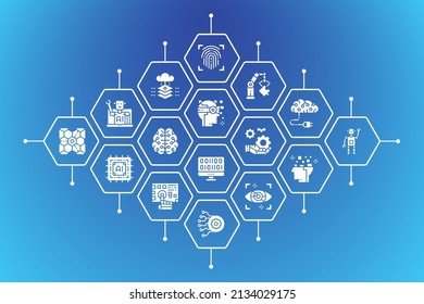 Artificial Intelligence business icons banner. Robotics, Chatbot, Database, Big Data background vector illustration