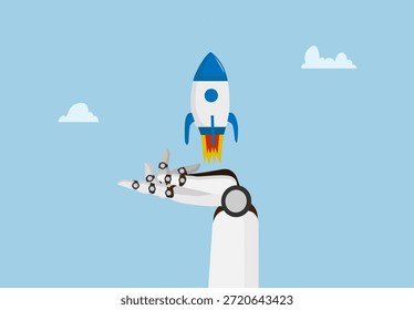 Inteligencia Artificial Innovación Empresarial con Mano de Robot Lanzando Cohete