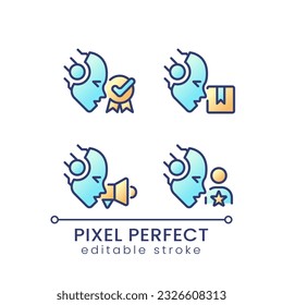 Artificial intelligence in business pixel perfect color gradient icons set. AI software. Company development. Isolated RGB vector images. Filled line illustration pack. Editable stroke
