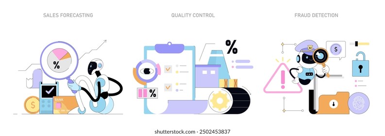 Artificial Intelligence Business set. AI robots perform sales forecasting, quality control, and fraud detection. Corporate automation process. Vector illustration.