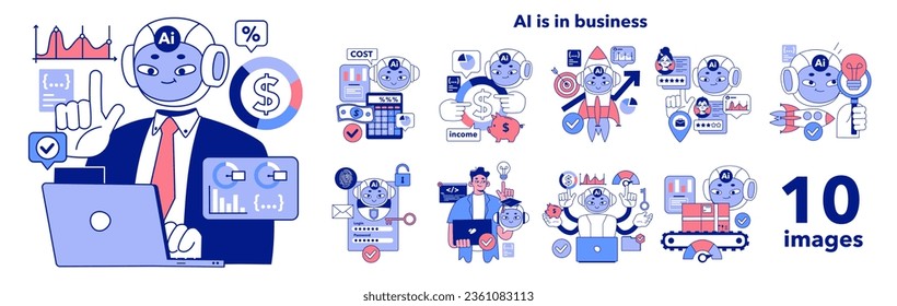 Artificial intelligence in business set. AI-powered production, management and marketing. Self-learning computing system processing data for company profit growth. Flat vector illustration