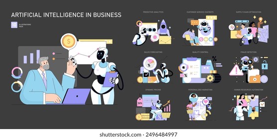 Artificial Intelligence in Business set. Integration of AI technology for efficiency and innovation in various business operations. Digital transformation strategy. Vector illustration.