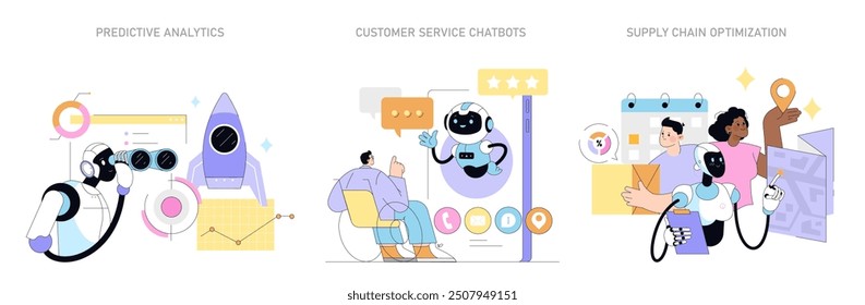 Conjunto de negocios de inteligencia artificial. Análisis predictivo, chatbots para el Servicio al cliente y optimización de la cadena de suministro. Tecnología innovadora en estrategia corporativa. Ilustración vectorial.