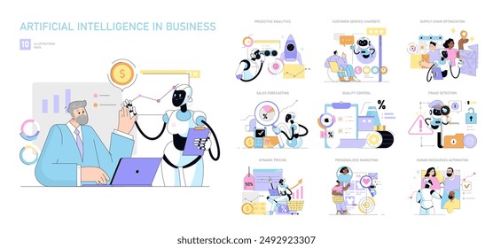 Inteligencia Artificial en el conjunto de negocios. Agilizar las operaciones con análisis predictivos, chatbots y automatización. Marketing personalizado, recursos humanos eficientes y seguridad mejorada. Ilustración vectorial.