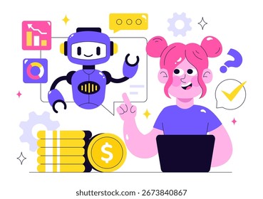 Inteligência Artificial em Ilustração de Vetor Empresarial Apresentando Tecnologia Digital Brain e Conceito de Engenharia com Programador, Dados e Sistemas