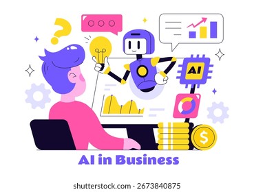 Artificial Intelligence in Business Vector Illustration Featuring Digital Brain Technology and Engineering Concept with Programmer, Data, and Systems