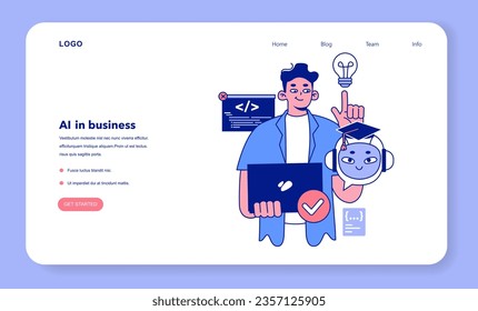 Artificial intelligence in business web banner or landing page. AI-powered production, management and marketing. Self-learning computing system, company profit growth. Flat vector illustration