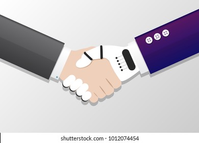 Artificial intelligence. Businessman and robot handshake. Vector illustration