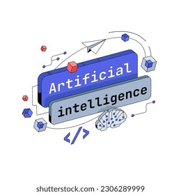 Artificial intelligence button Title plate. 3d isometric Vector illustration.