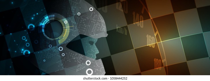 Artificial intelligence can drive. Sport racing car technology with AI. Futuristic concept. Woman robot face in helmet