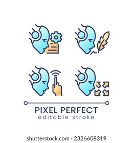 Artificial intelligence capabilities pixel perfect color gradient icons set. Machine learning. Business opportunities. Isolated RGB vector images. Filled line illustration pack. Editable stroke