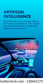 Camión de Inteligencia Artificial con Dirección Automatizada sin Conductor y Sistema de Radar Callejero dentro del Tablero. Vista de Cityscape. Ilustración de banner para automóviles de innovación inteligente.