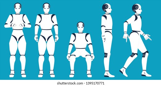 Artificial Intelligence cartoon on blue background, Humanoid Robot with artificial intelligence conceptual vector illustration.