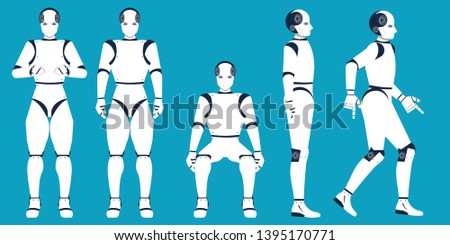 Artificial Intelligence cartoon on blue background, Humanoid Robot with artificial intelligence conceptual vector illustration.