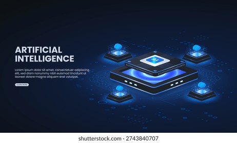 Artificial intelligence central ai processor isometric vector illustration. ai processor center is connected to the brain. concept of development and machine learning.