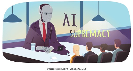 Artificial intelligence CEO looking down at small manager employees. AI technology superiority concept flat vector illustration. Big robot boss business employer, workers job interview candidates.