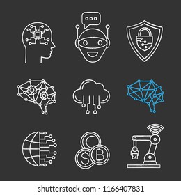 Artificial intelligence chalk icons set. AI. Chat bot, cybersecurity, cloud computing, big data, internet of things, digital brain, currency exchange. Isolated vector chalkboard illustrations