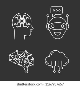 Artificial intelligence chalk icons set. Neural network Neurotechnology. Chat bot, AI, digital brain, cloud computing. Isolated vector chalkboard illustrations