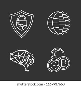 Artificial intelligence chalk icons set. Cyberspace. Neurotechnology. Cybersecurity, digital brain, currency exchange, big data. Isolated vector chalkboard illustrations