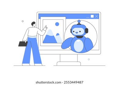 Artificial intelligence. Character communicating to AI chat bot. Neural network technology. AI auto image generator. Flat Cartoon Vector Illustration, icon. Stylish abstract