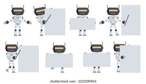 Artificial intelligence characters vector set. Robot teacher pointing and showing white board elements for teaching and presenting robots collection design. Vector illustration.
