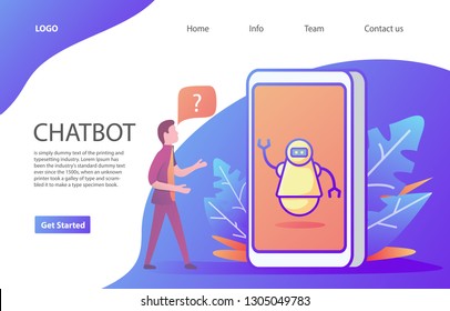 Artificial intelligence. Chat bot and marketing.Man chatting asks a question.Robot assistant.Chatbot landing page.Guy asking bot for help.Web page.Website template. Flat vector.
