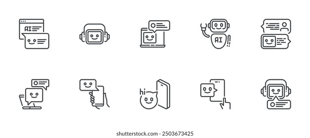 Artificial intelligence chat bot. Online communication based on neural networks. Dialog with chat bot asking questions and receiving answers. Vector line icons set.