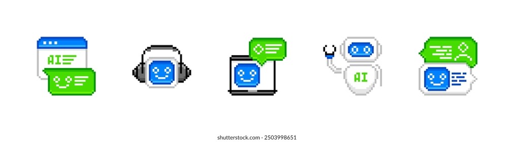 Artificial intelligence chat bot. Online communication based on neural networks. Dialog with chat bot asking questions and receiving answers. Vector pixel style icons set.