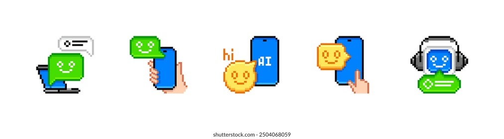 Artificial intelligence chat bot. Online communication based on neural networks. Dialog with chat bot asking questions and receiving answers. Vector pixel style icons set.