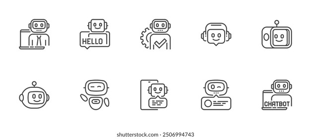 Artificial intelligence chat bot. Online communication based on neural networks. Dialog with chat bot asking questions and receiving answers. Vector line icons set.