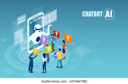 Artificial intelligence and chat bot technology concept. Vector of men and women chatting with chatbot application. 