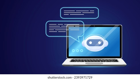 Artificial intelligence chat bot technology, digital robot face on laptop screen. Customer support, gpt. Online service, internet communication, chatbot virtual modern app. Vector illustration