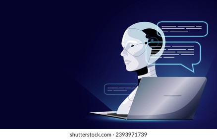 Artificial intelligence chat bot technology, digital robot face with laptop. Customer support, gpt. Online service, internet communication, chatbot virtual modern app. Vector illustration