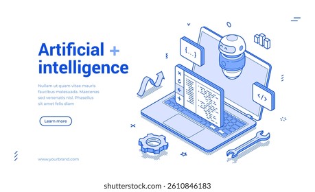 Artificial intelligence Chat GPT robotic technology isometric web banner monochrome vector illustration. Digital brain neural network bot mind AI service automation machine assistant landing page